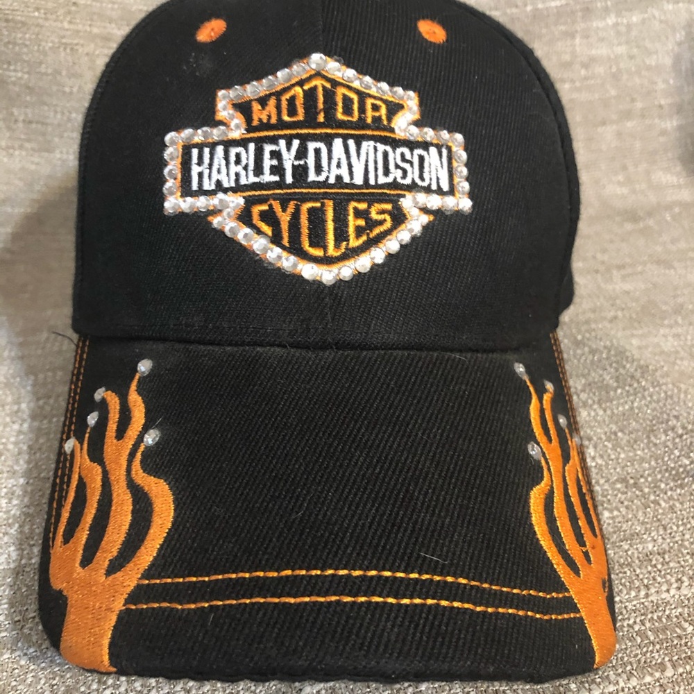 *SOLD* Harley Davidson Style Women’s Bling Hat HD Shield Logo & Orange Flames